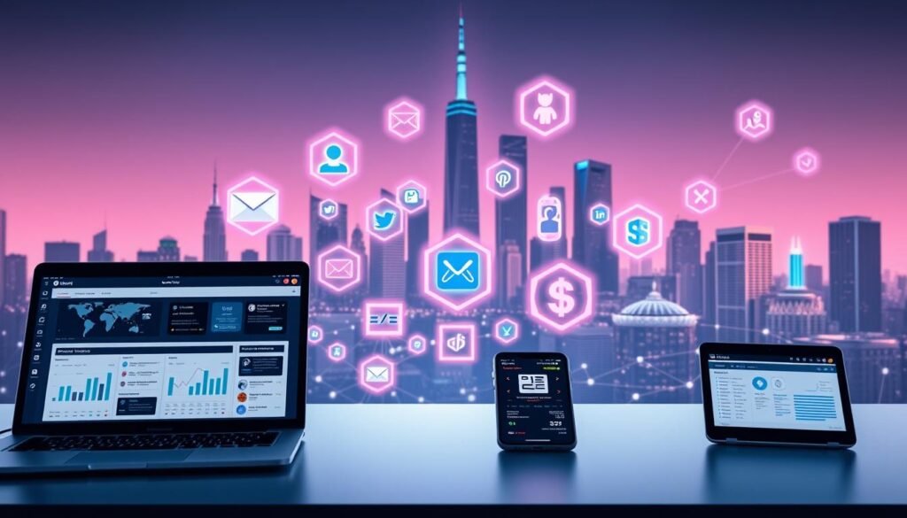 A digital marketing workspace featuring a variety of alternative tools to ConvertKit. In the foreground, an array of digital devices including a laptop, tablet, and smartphone display marketing dashboards and analytics. In the middle ground, stylized icons representing email, social media, automation, and CRM software float in a minimalist, neon-hued environment. The background depicts a futuristic cityscape with skyscrapers and glowing, interconnected networks, conveying a sense of innovation and technology-driven marketing solutions. Soft, directional lighting casts dramatic shadows, creating depth and a sleek, high-tech aesthetic.