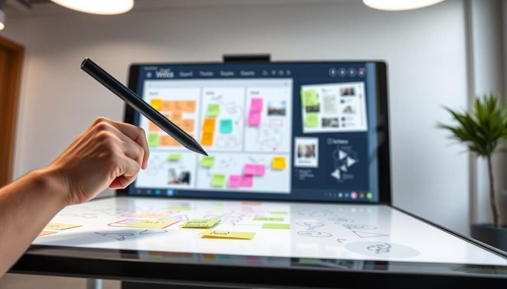 A digital whiteboard showcasing collaborative features. In the foreground, a tactile stylus hovers over a sleek, touch-sensitive display, ready to capture ideas and sketches. The middle ground features a shared workspace, where vibrant sticky notes, diagrams, and multimedia elements are seamlessly arranged, enabling real-time teamwork. The background evokes a minimalist, well-lit office setting, with clean lines and a calming color palette that promotes focus and productivity. The overall scene conveys the intuitive, interactive nature of the collaborative platform, empowering users to ideate, brainstorm, and bring their visions to life.