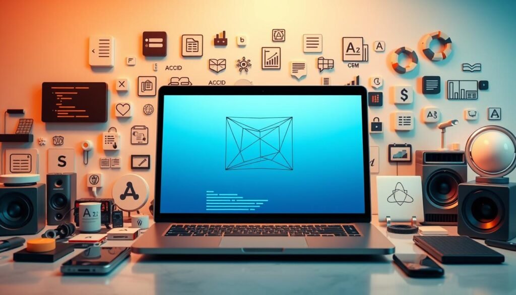 A digital workspace filled with a variety of web development tools. In the foreground, a sleek laptop showcases a modern website design, its screen crisp and vibrant. Surrounding it, an assortment of icons representing coding languages, CMS platforms, and other essential web-building utilities. The middle ground features a stylized wireframe diagram, hinting at the structural complexities of website architecture. In the background, a soft, ethereal gradient sets a sophisticated, tech-savvy atmosphere, complementing the professional, yet accessible nature of the scene. Warm, directional lighting illuminates the tools, creating depth and highlighting their purpose. The overall composition conveys the power and flexibility of a comprehensive web development toolkit.
