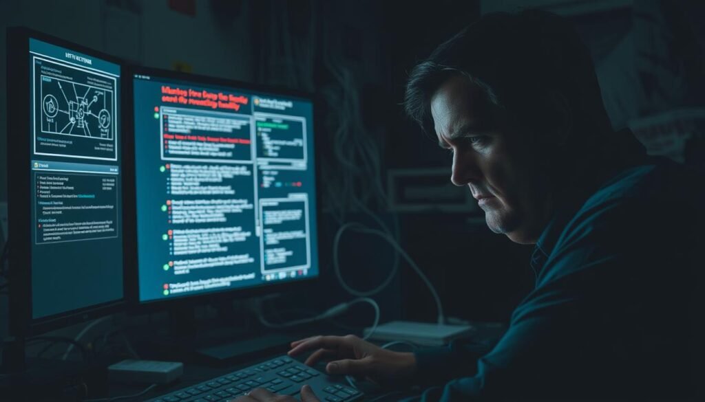 A dimly lit office interior, with a cluttered desk and a computer screen displaying a series of complex network diagrams and error messages. In the foreground, a frustrated IT professional furrows their brow, hands hovering over the keyboard as they grapple with the challenges of connectivity and signal integrity. The middle ground features a tangled web of cables, routers, and modems, hinting at the technical complexities of modern communication systems. The background is shrouded in shadow, conveying a sense of unease and the weight of the unseen obstacles that lie beyond. The overall scene evokes the struggle to maintain reliable, high-quality communication in the face of technological hurdles.
