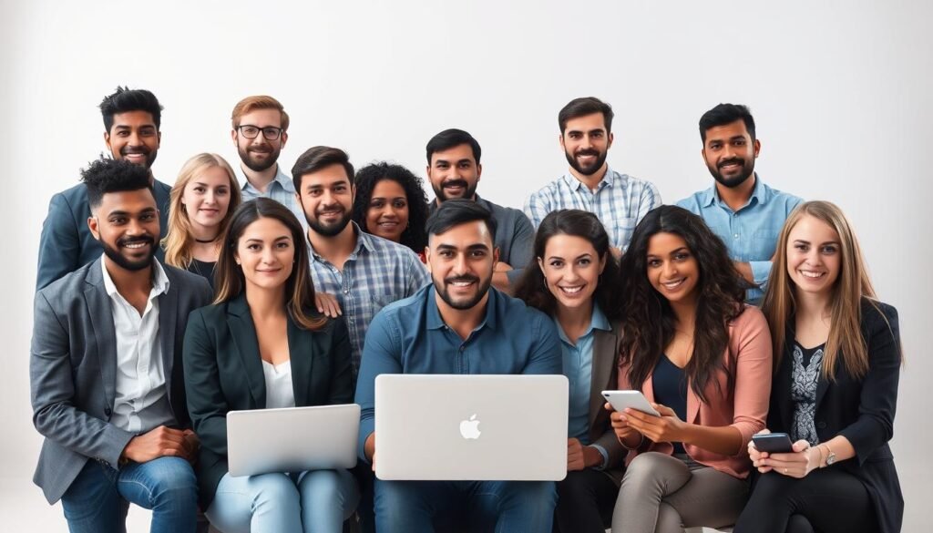 A diverse group of individuals, representing various user segments of the Dropshipping platform, are gathered in a modern, well-lit studio setting. The foreground features a mix of stylishly dressed ecommerce entrepreneurs, small business owners, and aspiring online retailers, each exuding a sense of focus and determination. The middle ground showcases a range of digital devices, including laptops, tablets, and smartphones, symbolizing the technological tools they employ. In the background, a clean, minimalist backdrop with subtle geometric patterns creates a cohesive and professional atmosphere, emphasizing the versatility and accessibility of the Dropshipping platform for a wide array of users.