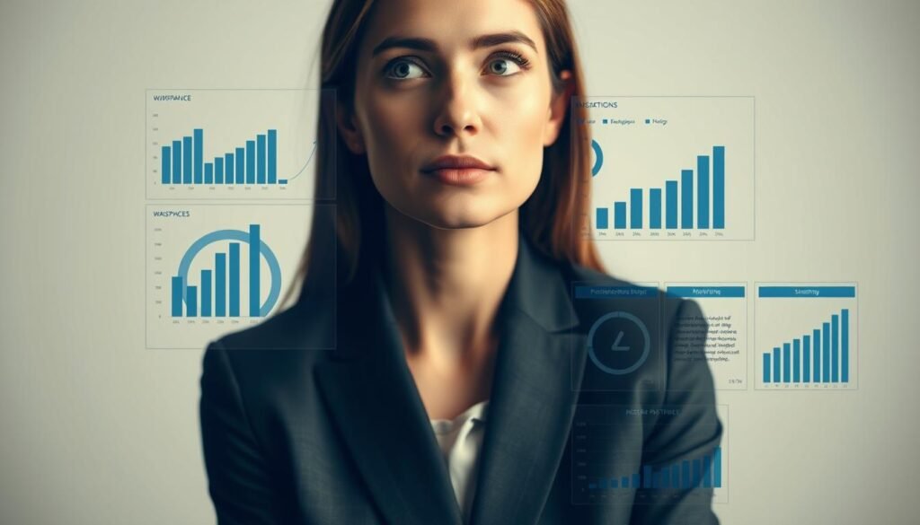 A focused business assessment of career potential, a detailed evaluation of workplace capabilities. A crisp, professional image against a clean, minimalist background. Warm, neutral lighting illuminates the scene, with a shallow depth of field to draw the eye to the central subject. Precise, analytical diagrams and charts illustrate key performance metrics, conveying a sense of data-driven insight. The mood is one of thoughtful introspection, a considered approach to unlocking an individual's full career possibilities.