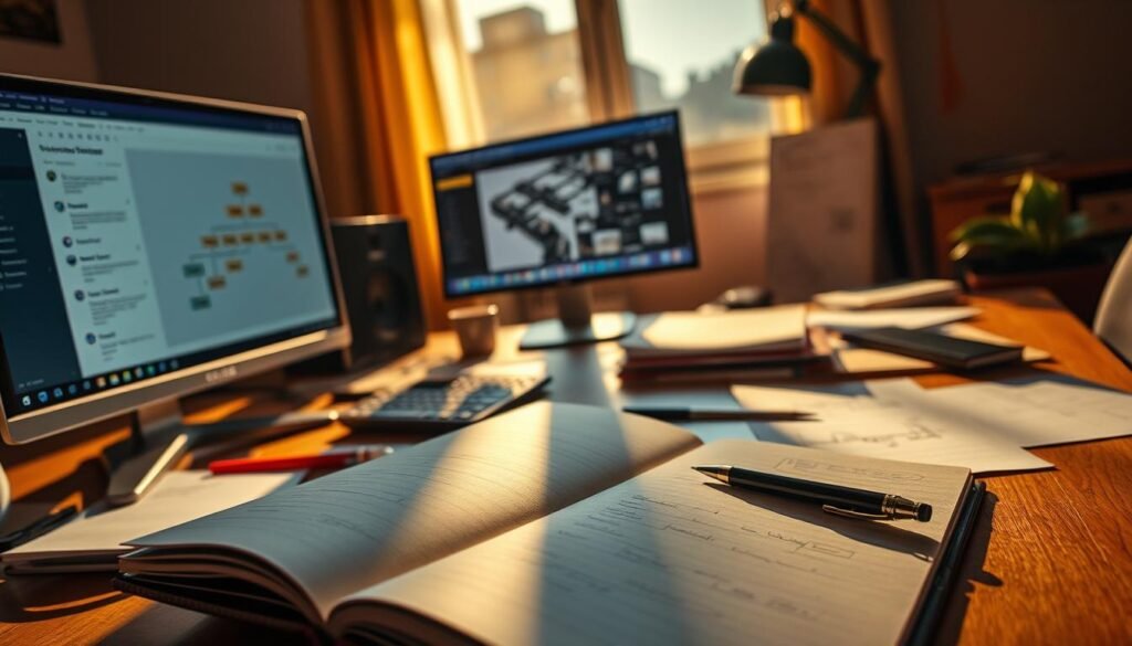 A focused workspace with a desktop computer, writing tools, and scattered notes and sketches. The scene is bathed in warm, directional lighting from a large window, casting dramatic shadows. In the foreground, an open notebook and pen suggest the act of "إعداد سيناريو عمل" - carefully crafting a workflow plan or process diagram. The middle ground features a monitor displaying a visual workflow or project management interface, hinting at the digital tools used in this task. The background is slightly blurred, keeping the focus on the active workstation and the creative process at hand.