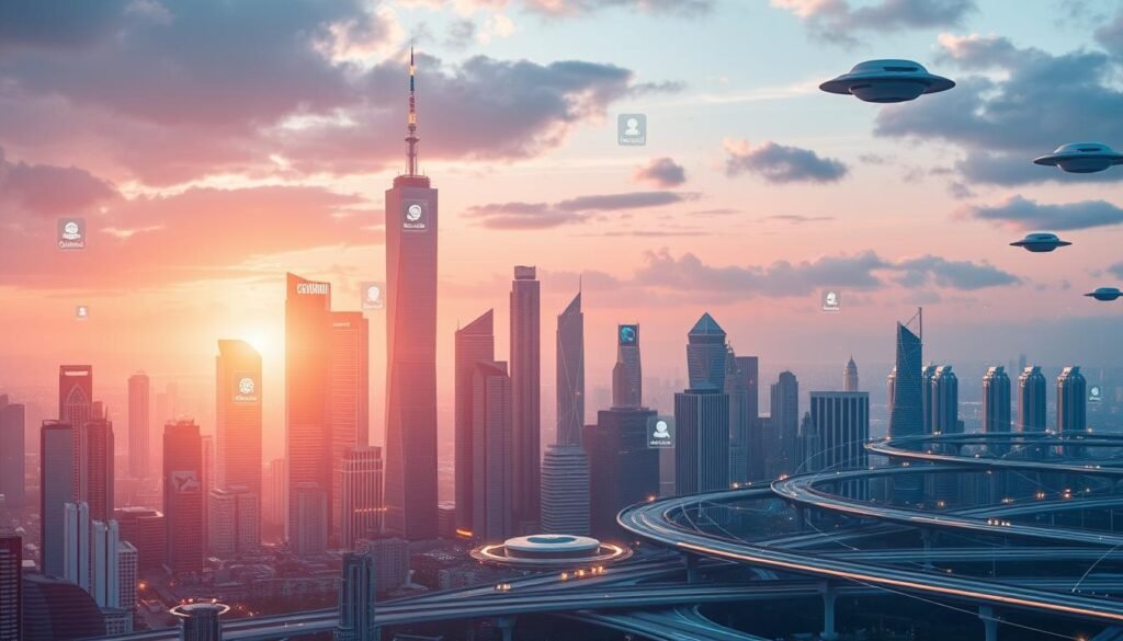 A futuristic city skyline with towering digital platforms and holographic interfaces, illuminated by a soft, warm glow. The foreground features sleek, minimalist business communication tools - virtual collaboration spaces, augmented reality dashboards, and AI-powered virtual assistants. The middle ground showcases interconnected cloud networks and data centers, symbolizing the advanced infrastructure powering Wati.io's unified communications. In the background, a serene, utopian landscape with floating transit systems and autonomous vehicles, hinting at the seamless, technology-driven future of enterprise communications.