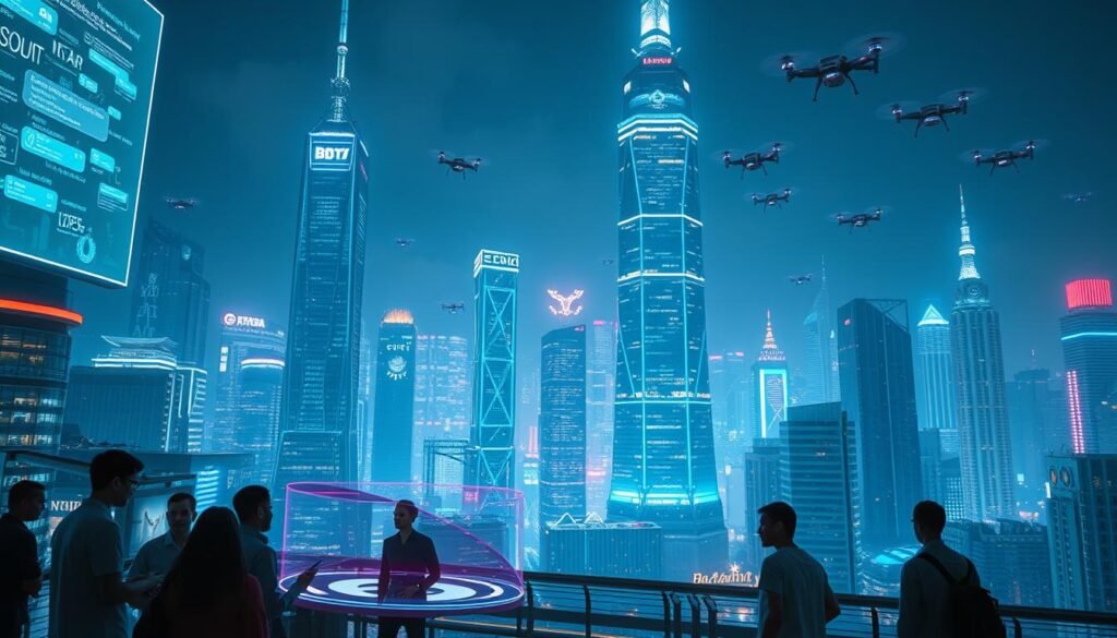 A futuristic cityscape at night, illuminated by holographic displays, floating screens, and translucent interfaces. In the foreground, a group of people interacting with a curved, seamless messaging device that projects a 3D hologram. The middle ground features towering skyscrapers with dynamic digital facades, pulsing with data streams and real-time information. The background depicts a vibrant urban landscape, where autonomous vehicles and flying drones weave through the skyline, connecting the city through a web of wireless communication. The scene is bathed in a cool, neon-tinged glow, creating an immersive, cyberpunk atmosphere that suggests the future of streamlined, ubiquitous messaging technologies.