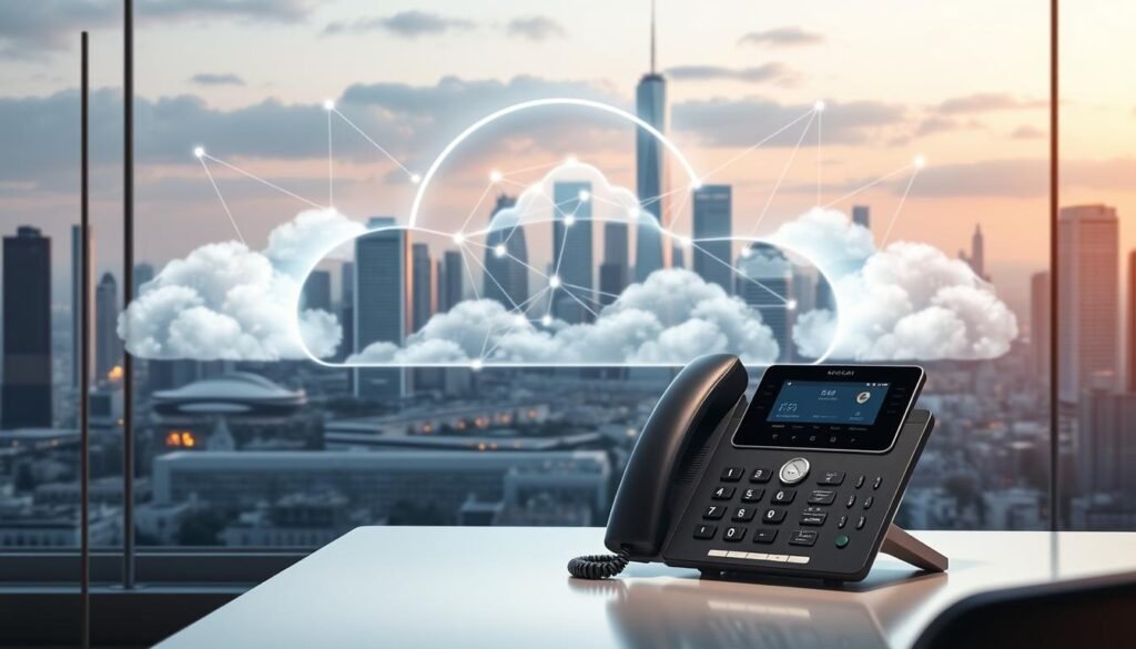 A futuristic cloud telephony solution, with a sleek user interface and intuitive controls. In the foreground, a modern office desk with a stylish desk phone, surrounded by a minimalist, tech-inspired landscape. The middle ground showcases a network of interconnected clouds, symbolizing the cloud-based infrastructure that powers the telephony system. In the background, a cityscape with towering skyscrapers, reflecting the advanced technology and seamless connectivity of the cloud telephony solution. Soft, warm lighting illuminates the scene, creating a professional and efficient atmosphere. The overall composition conveys the reliability, scalability, and innovation of the KrispCall cloud telephony system.