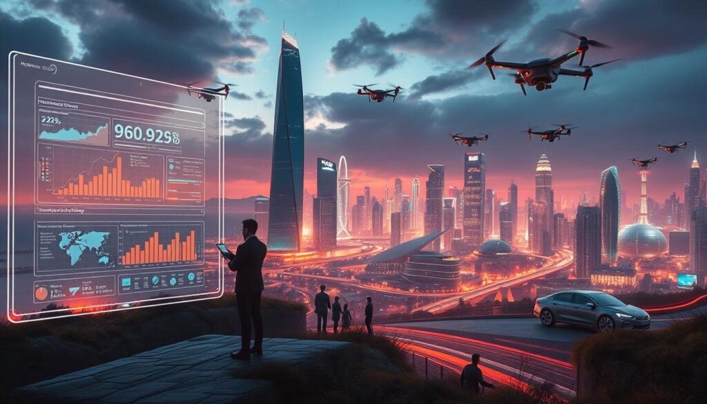 A futuristic landscape showcasing the potential of HubSpot's marketing and sales technologies. In the foreground, a sleek, holographic interface displays real-time data and analytics, guiding users towards personalized, AI-driven strategies. In the middle ground, a team of digital marketers and sales professionals collaborate seamlessly, their movements and interactions captured by advanced motion-tracking sensors. In the background, towering skyscrapers and a bustling metropolis symbolize the scale and reach of HubSpot's global impact, with autonomous delivery drones and self-driving vehicles highlighting the integration of cutting-edge automation. The scene is bathed in a warm, futuristic glow, conveying a sense of innovation, efficiency, and the limitless potential of HubSpot's platform to transform the future of marketing and sales.