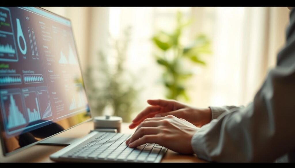 A harmonious fusion of cutting-edge technology and heartfelt human touch. In the foreground, a sleek, minimalist interface showcases digital tools, conveying efficiency and precision. In the middle ground, a pair of hands gently interacts with the screen, bridging the digital and physical realms. The background subtly hints at a warm, organic environment, suggesting the nurturing, personalized nature of the experience. Soft, diffused lighting creates a welcoming, inviting atmosphere, where technology and humanity coexist in perfect balance.