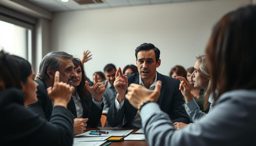 A heated debate unfolds, as individuals passionately argue over the validity of performance assessment results. In the foreground, a group of professionals gesticulate animatedly, expressions taut with conviction. The middle ground captures the intensity of the discussion, with hands raised and brows furrowed. In the background, a sense of unease permeates the scene, as the room is bathed in a somber, muted lighting, creating an atmosphere of tension and uncertainty. The composition conveys the high stakes and emotional turmoil inherent in challenging the established evaluation process, a pivotal moment in the journey towards improving workplace performance.