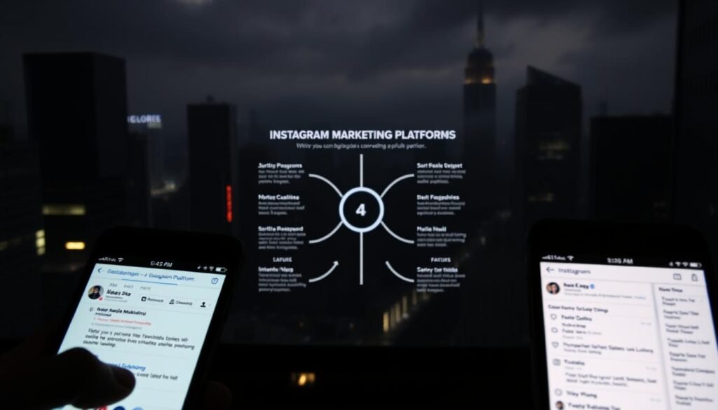 A high-contrast, cinematic comparison of popular Instagram marketing platforms. In the foreground, two smartphones display the user interfaces of competing social media management tools, their screens sharp and vibrant. In the middle ground, a stylized graphic illustrates key features and capabilities, emphasizing the differences between the solutions. The background is a moody, atmospheric cityscape, hinting at the fast-paced, dynamic nature of digital marketing. Dramatic lighting casts dramatic shadows, creating a sense of tension and urgency. The overall composition is sleek, modern, and visually striking, drawing the viewer's attention to the comparative aspects of the subject matter.