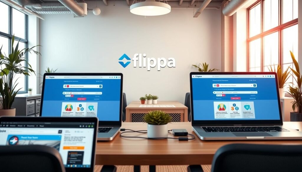 A high-resolution, detailed image of the Flippa website's homepage, showcasing its clean and modern user interface. The scene depicts a stylish, well-lit office setting with a large, prominently displayed Flippa logo in the center. Various icons and elements highlight Flippa's key features, such as the ability to buy and sell websites, domain names, and online businesses. The foreground features several laptop screens displaying the Flippa platform, while the background includes office furniture, potted plants, and natural lighting from large windows, creating a professional and inviting atmosphere. The overall image conveys Flippa's reputation as a reliable and trustworthy marketplace for website and online business transactions.