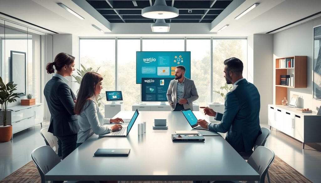 A highly detailed, cinematic illustration of successful Wati.io case studies. The foreground features a group of business professionals gathered around a conference table, engaged in discussion and collaboration. The middle ground showcases various digital devices and screens displaying Wati.io's advanced business communication solutions. The background sets the scene with a modern, minimalist office space filled with natural light, sleek furniture, and tasteful decor. The lighting is soft and diffused, creating a professional, aspirational atmosphere. The overall composition conveys a sense of productivity, innovation, and success, perfectly representing the "Wati.io - حلول اتصالات الأعمال المتقدمة الآن." article subject and the "دراسات حالة Wati.io" section.