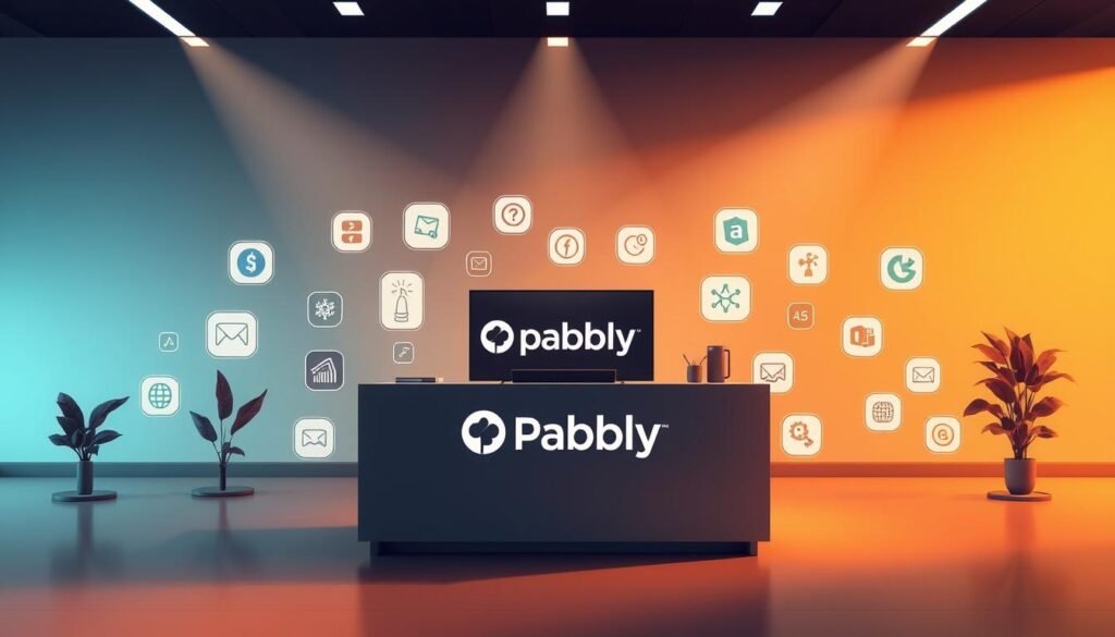 A highly detailed digital illustration of "تكاملات Pabbly" showcasing its seamless integration with various online tools and platforms. The scene depicts a sleek, modern workspace with a central desk displaying the Pabbly logo, surrounded by a variety of integrated software icons and logos, all illuminated by warm, directional lighting. The background features a subtle gradient, creating a sense of depth and focus on the central subject. The overall composition conveys a professional, efficient, and technologically advanced integration of Pabbly with other essential business tools.