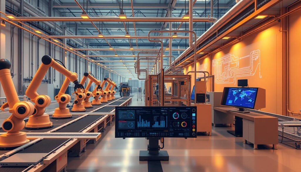 A highly detailed, photorealistic 3D render of manufacturing systems integration, showcasing a harmonious confluence of industrial machinery, automation, and data analytics. The scene depicts a sleek, minimalist factory floor bathed in warm, directional lighting that accentuates the smooth contours and precise alignments of the various robotic arms, conveyor belts, and computerized control panels. In the foreground, a central control console displays real-time performance metrics and process visualizations, while in the background, intricate pipeline networks and integrated software interfaces suggest the seamless flow of information across the production environment. The overall atmosphere conveys a sense of technological sophistication, efficiency, and the elegant interplay of complex, interconnected systems. A highly detailed, photorealistic 3D render of manufacturing systems integration, showcasing a harmonious confluence of industrial machinery, automation, and data analytics. The scene depicts a sleek, minimalist factory floor bathed in warm, directional lighting that accentuates the smooth contours and precise alignments of the various robotic arms, conveyor belts, and computerized control panels. In the foreground, a central control console displays real-time performance metrics and process visualizations, while in the background, intricate pipeline networks and integrated software interfaces suggest the seamless flow of information across the production environment. The overall atmosphere conveys a sense of technological sophistication, efficiency, and the elegant interplay of complex, interconnected systems.