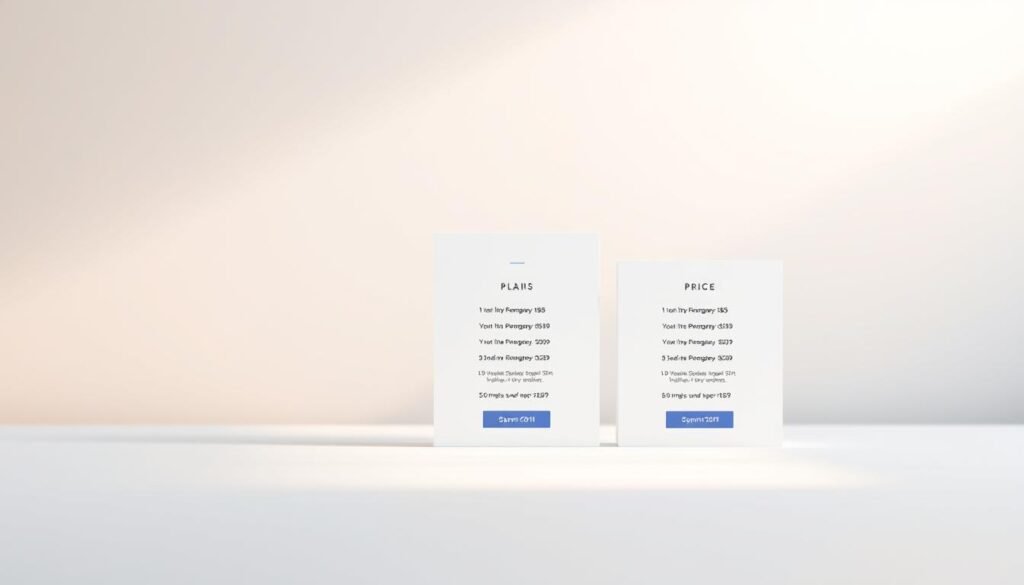 A minimalist yet elegant pricing table set against a soft, blurred background. The foreground features neatly arranged plan options with clear, concise titles and pricing details. The middle ground showcases subtle highlights and shadows to add depth and dimension. The background is a muted, pastel gradient that creates a calming, professional atmosphere. Subtle lighting from the top-left casts a gentle glow, emphasizing the clean, modern design. The overall composition is balanced, visually appealing, and effectively communicates the pricing information.