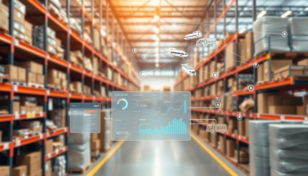 A modern and efficient warehouse and supply chain management system. In the foreground, a clean and organized warehouse with rows of shelves stocked with various products. In the middle ground, a digital dashboard displaying real-time inventory data, order tracking, and supply chain analytics. In the background, a network of interconnected transportation and distribution hubs, showcasing the seamless flow of goods. The scene is illuminated by warm, natural lighting, creating a sense of productivity and efficiency. The overall atmosphere conveys a well-oiled, technology-driven logistics operation that optimizes inventory control and supply chain management. A modern and efficient warehouse and supply chain management system. In the foreground, a clean and organized warehouse with rows of shelves stocked with various products. In the middle ground, a digital dashboard displaying real-time inventory data, order tracking, and supply chain analytics. In the background, a network of interconnected transportation and distribution hubs, showcasing the seamless flow of goods. The scene is illuminated by warm, natural lighting, creating a sense of productivity and efficiency. The overall atmosphere conveys a well-oiled, technology-driven logistics operation that optimizes inventory control and supply chain management.