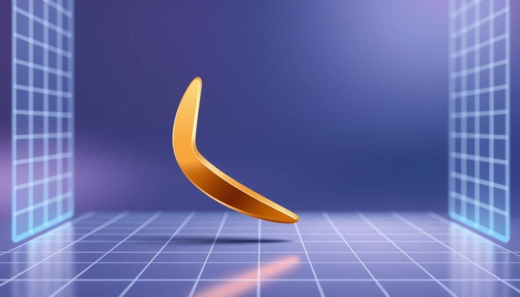 A modern and minimalist illustration of "Boomerangme Loyalty Program". In the foreground, a sleek, metallic boomerang shape serves as the focal point, representing the loyalty program's core concept. The boomerang is rendered in a warm, golden hue, conveying a sense of value and premium quality. In the middle ground, a clean, geometric grid pattern creates a minimalist, digital-inspired backdrop, reflecting the program's technological nature. The background features a soft, blurred gradient in shades of blue and purple, evoking a sense of professionalism and trust. The overall composition is balanced, with the boomerang positioned prominently, conveying the key message of the loyalty program in a visually striking and conceptual manner.