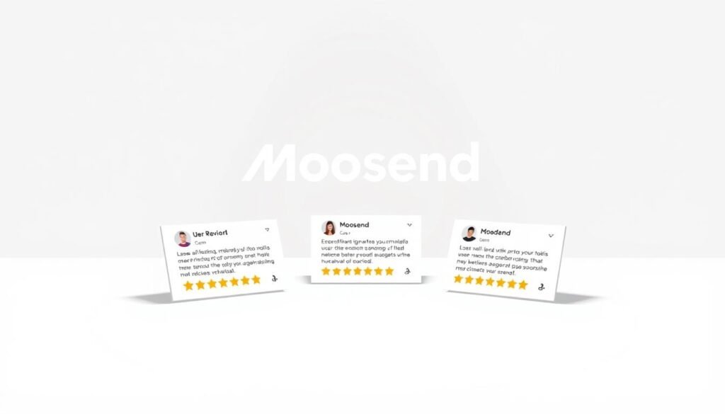A modern and minimalist illustration showcasing user reviews for the Moosend email marketing platform. In the foreground, a clean arrangement of stylized user review cards, each displaying a rating, comment, and user avatar. The cards are placed on a simple white background, creating a sense of focus and clarity. In the middle ground, a subtle gradient or pattern adds a refined, professional touch. The background features a muted, monochromatic color scheme, perhaps incorporating Moosend's brand colors, to reinforce the subject matter and create a cohesive, visually appealing composition. Soft, diffused lighting from above casts gentle shadows, adding depth and dimension to the scene. The overall tone is one of trust, credibility, and user-centric design, reflecting the key messaging of the Moosend article. A modern and minimalist illustration showcasing user reviews for the Moosend email marketing platform. In the foreground, a clean arrangement of stylized user review cards, each displaying a rating, comment, and user avatar. The cards are placed on a simple white background, creating a sense of focus and clarity. In the middle ground, a subtle gradient or pattern adds a refined, professional touch. The background features a muted, monochromatic color scheme, perhaps incorporating Moosend's brand colors, to reinforce the subject matter and create a cohesive, visually appealing composition. Soft, diffused lighting from above casts gentle shadows, adding depth and dimension to the scene. The overall tone is one of trust, credibility, and user-centric design, reflecting the key messaging of the Moosend article.