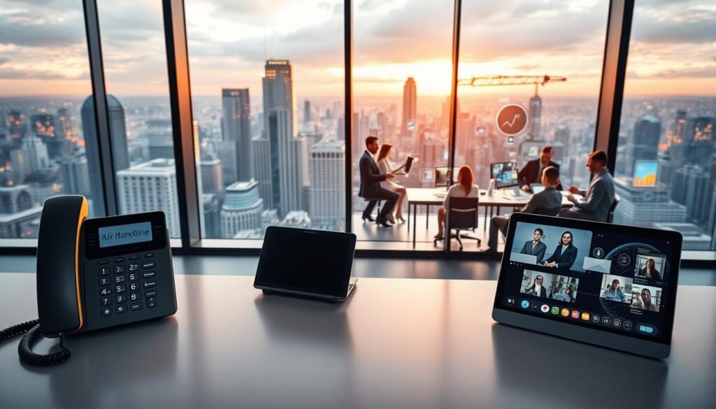 A modern and sleek office interior with a large panoramic window overlooking a bustling city skyline. In the foreground, a minimalist business desk with a high-end landline phone, a laptop, and a tablet showcasing various communication and collaboration features. The middle ground features employees engaged in video conferencing and data sharing, while the background depicts a vibrant, tech-savvy workspace with holographic displays and smart office equipment. The lighting is soft and warm, creating a professional yet inviting atmosphere. The overall scene conveys the seamless connectivity, efficiency, and innovation of Air Landline's business communication solutions.