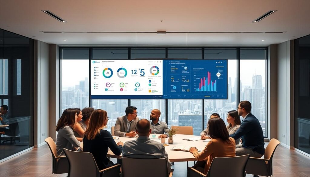 A modern and sleek office setting with clean lines and a minimalist aesthetic. In the foreground, a group of diverse professionals gathered around a circular conference table, engaged in a collaborative discussion. Soft, diffused lighting from overhead fixtures creates a warm, productive atmosphere. In the middle ground, a large display screen showcases a unified recruitment management system, its intuitive interface and data visualizations. The background features floor-to-ceiling windows, overlooking a bustling city skyline, representing the comprehensive, end-to-end recruitment solution. The overall scene conveys efficiency, teamwork, and a streamlined approach to talent management.