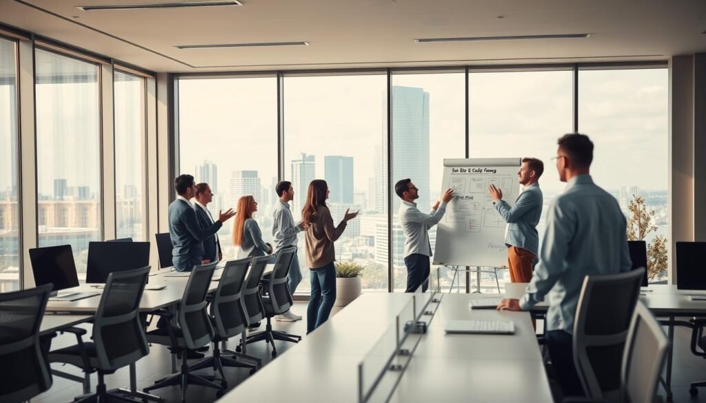 A modern, clean-lined office interior with an abundance of natural light. In the foreground, a group of professionals engaged in a dynamic sales meeting, gesturing animatedly as they discuss customer relationship management strategies on a large whiteboard. In the middle ground, rows of sleek desks and ergonomic chairs, evoking a productive, collaborative work environment. The background features floor-to-ceiling windows overlooking a vibrant cityscape, conveying a sense of growth, opportunity, and the potential for business success. Warm, soft lighting illuminates the scene, creating a welcoming and professional atmosphere. The overall composition emphasizes the benefits of effective CRM and sales management, capturing the efficiency, teamwork, and forward-thinking mindset essential for business prosperity.
