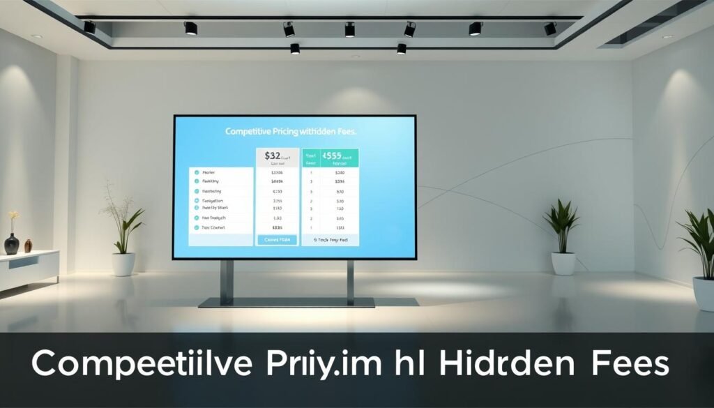A modern e-commerce platform with a sleek and minimalist interface, showcasing a digital display of competitive pricing options without any hidden fees. The scene depicts a clean, well-lit showroom setting, with a central focus on a large, high-resolution screen presenting a clear and visually appealing breakdown of the platform's pricing structure. The lighting is soft and diffused, creating a sense of professionalism and trustworthiness. The background features subtle, elegant design elements that complement the overall aesthetic, such as subtle gradients or geometric patterns. The image conveys a sense of transparency, accessibility, and value, aligning with the section title "Competitive Pricing Without Hidden Fees".