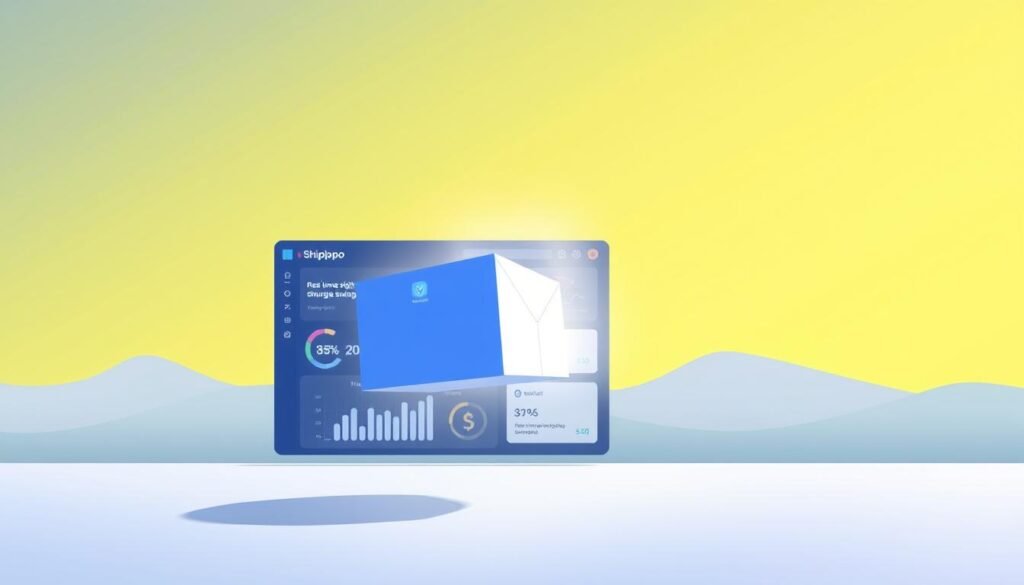 A modern, minimalist illustration depicting the savings of time and money through Shippo's shipping services. In the foreground, a stylized package levitates, its edges glowing with an ethereal light, symbolizing the ease and efficiency of the shipping process. In the middle ground, a digital dashboard displays real-time tracking information and cost-saving analytics, conveyed through clean, intuitive infographics. The background features a serene, gradient-based landscape, evoking a sense of tranquility and focus. The overall composition emphasizes simplicity, technological sophistication, and the core value proposition of Shippo's offering - streamlining the shipping experience to maximize time and cost savings.