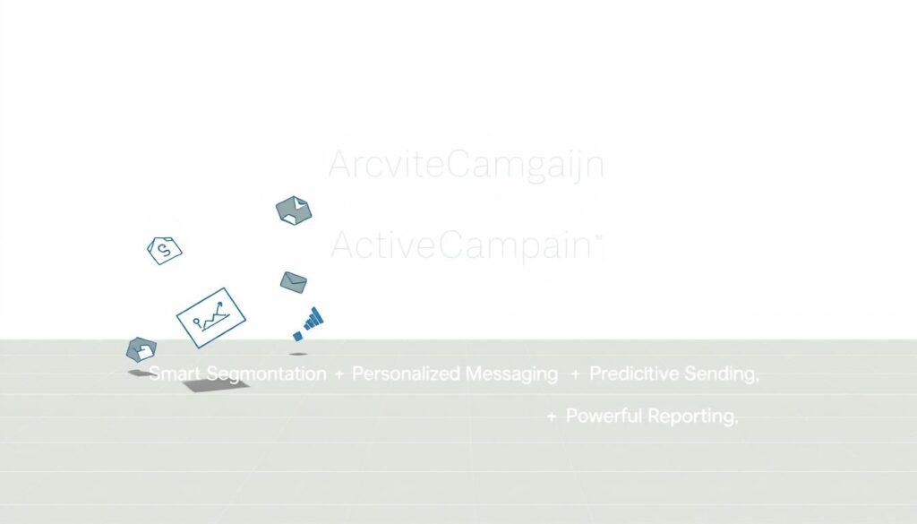 A modern, minimalist illustration showcasing the key features of ActiveCampaign. In the foreground, crisp icons representing email marketing, marketing automation, CRM, and analytics float against a light, airy background. The middle ground features clean typography highlighting the main benefits - "Smart Segmentation", "Personalized Messaging", "Predictive Sending", and "Powerful Reporting". The background has a subtle grid pattern, conveying the platform's organizational structure and data-driven capabilities. The overall tone is professional, elegant, and evocative of ActiveCampaign's comprehensive marketing solutions.