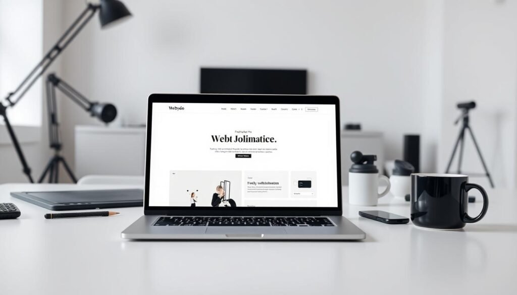 A modern, minimalist web design interface showcased in a clean, well-lit studio setting. The foreground features a sleek laptop display presenting a minimalist web layout with elegant typography and simple, yet effective UI elements. The middle ground depicts various design tools and devices, such as a graphics tablet, smartphone, and coffee mug, creating a workspace atmosphere. The background subtly blends in light-colored walls and clean surfaces, emphasizing the focus on the web design interface. The overall mood is one of professionalism, creativity, and technological sophistication, reflecting the essence of the Webydo web design solution.