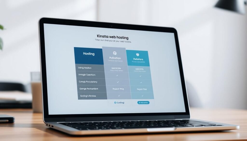 A modern, minimalist web hosting pricing table displayed on a laptop screen, showcasing Kinsta's hosting plans. The table features clean typography, clear pricing breakdowns, and subtle brand colors. The background is a soft, blurred gradient, drawing focus to the pricing information. The scene is well-lit, using a combination of natural and artificial lighting to create depth and clarity. The camera angle is slightly elevated, providing an overview of the pricing display. The overall mood is professional, informative, and visually appealing, reflecting the reliable and premium nature of Kinsta's web hosting services. A modern, minimalist web hosting pricing table displayed on a laptop screen, showcasing Kinsta's hosting plans. The table features clean typography, clear pricing breakdowns, and subtle brand colors. The background is a soft, blurred gradient, drawing focus to the pricing information. The scene is well-lit, using a combination of natural and artificial lighting to create depth and clarity. The camera angle is slightly elevated, providing an overview of the pricing display. The overall mood is professional, informative, and visually appealing, reflecting the reliable and premium nature of Kinsta's web hosting services.
