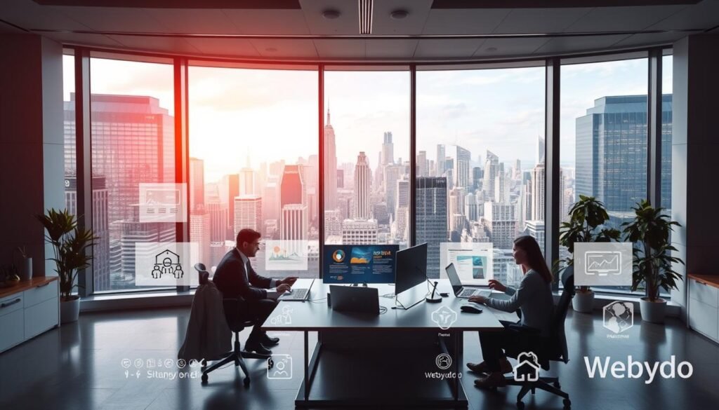 A modern office interior with a large panoramic window overlooking a bustling city skyline. In the foreground, a team of creatives collaborating around a sleek, minimalist desk, using a range of digital tools and devices. The middle ground features various Webydo branding elements, such as stylized icons, infographics, and product shots, seamlessly integrated into the workspace. The background depicts a vibrant, futuristic cityscape, hinting at the power and flexibility of the Webydo platform to enable agencies to build and manage professional websites with ease.