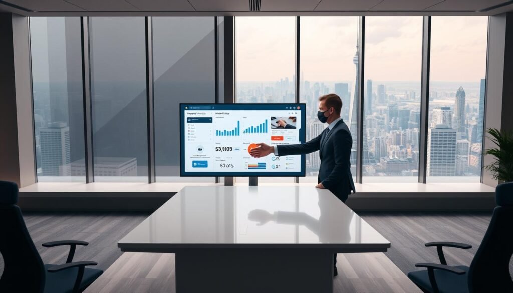 A modern office space with an immersive virtual interface, showcasing the process of buying and selling websites on the Flippa platform. The foreground depicts a stylized website transaction, with two businesspeople shaking hands across a sleek, minimalist desk. The middle ground features an interactive display screen, presenting detailed analytics and market insights. The background offers a panoramic view of a bustling city skyline, symbolizing the global reach and connectivity of the website trading ecosystem. The scene is bathed in a warm, professional lighting, creating a sense of trust, security, and efficiency associated with the Flippa platform.