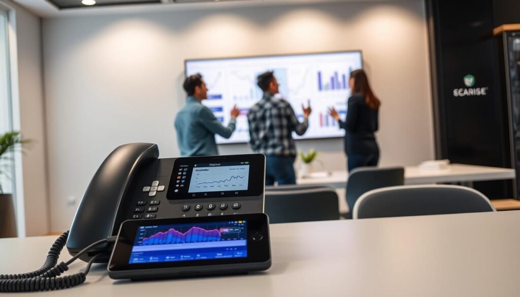 A modern, professional office setting with a well-lit sales and marketing workspace. In the foreground, a desk with a high-end business phone, a tablet displaying analytics, and a coil of cables. In the middle ground, a team of sales and marketing professionals collaborating on a large wall-mounted display, gesturing and discussing strategies. The background features sleek, minimalist decor with subtle branding elements, conveying a sense of productivity, technology, and teamwork. The lighting is soft and indirect, creating a warm, focused atmosphere conducive to effective sales and marketing activities.