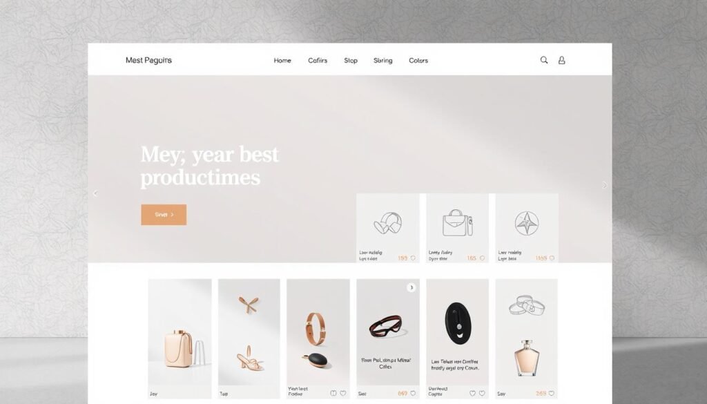 A modern, responsive e-commerce store design with a sleek and minimalist aesthetic. The layout features a hero section showcasing the store's best products, highlighted with dramatic lighting and crisp product shots. The middle ground displays a grid of product categories, each with a visually striking icon and brief description. In the background, a subtle pattern or texture adds depth and visual interest, complementing the overall clean and elegant look. The color palette is muted and sophisticated, with splashes of brand-appropriate accent colors. The entire composition exudes a sense of sophistication, accessibility, and a seamless mobile-first user experience.