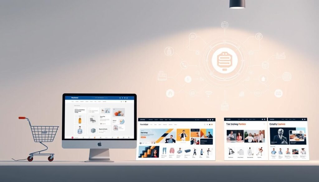 A modern, sleek AI-powered website builder with a clean, minimalist interface. In the foreground, a responsive e-commerce toolkit with intuitive shopping cart, secure checkout, and inventory management features. In the middle ground, a suite of customizable web design templates with a variety of layouts, colors, and typography options. In the background, a technical diagram showcasing the AI-driven algorithms that power the platform, generating personalized recommendations and automating tedious tasks. The scene is illuminated by soft, directional lighting, creating a sense of professionalism and sophistication. The overall mood is one of efficiency, innovation, and user-friendliness.