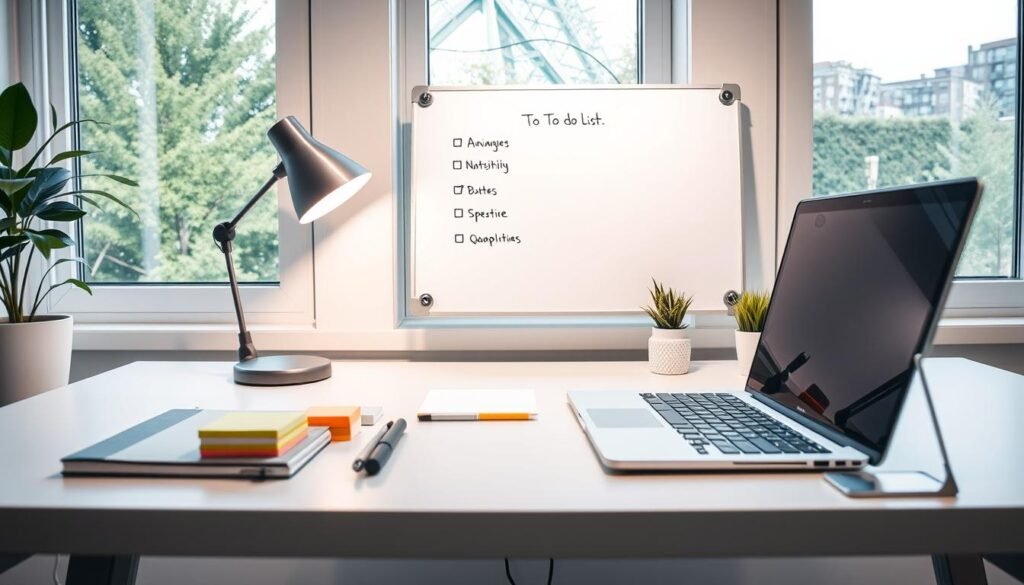 A neatly organized workspace with various task management tools laid out on a minimalist, light-colored desk. In the foreground, a sleek laptop, a stack of sticky notes, and a modern pen stand. In the middle ground, a clean whiteboard displaying a well-structured to-do list, alongside a stylish desk lamp and a small potted plant. The background features a large window allowing natural light to flood the scene, creating a calming, focused atmosphere perfect for productivity.