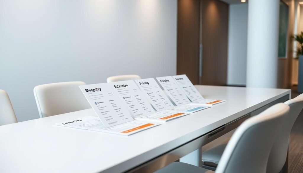 A pristine white table with sleek metal accents, positioned in a modern office setting. On the table, a series of neatly organized pricing plans are displayed, showcasing various shipping service tiers and subscription options. The lighting is soft and diffused, creating a professional and visually appealing atmosphere. The background features clean, minimalist walls, with subtle textures and a neutral color palette to keep the focus on the pricing information. The overall composition is balanced and harmonious, reflecting the precision and attention to detail expected from a professional shipping service.