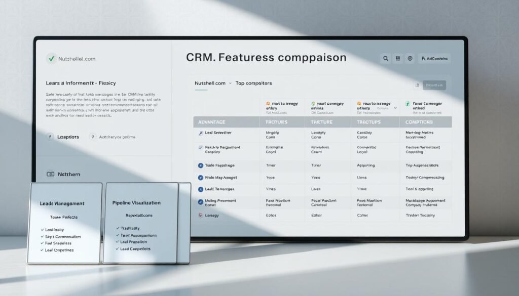 A professional and informative CRM feature comparison dashboard, with a clean and modern design. In the foreground, neatly arranged tiles showcase the key capabilities of Nutshell.com's CRM, such as lead management, pipeline visualization, and reporting. The middle ground features a side-by-side comparison of Nutshell.com against top competitors, highlighting the unique advantages of the platform. The background has a subtle grid pattern, conveying a sense of structure and organization. The lighting is soft and directional, casting gentle shadows that add depth and dimensionality to the composition. The overall mood is one of clarity, efficiency, and confidence in Nutshell.com's CRM offering.