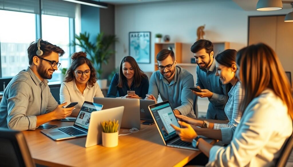 A professional and modern office environment with a diverse group of people using various communication devices and software. The scene depicts a dynamic and collaborative workspace, with individuals engaged in video calls, messaging, and task management on their laptops and smartphones. The lighting is bright and warm, creating a productive and energetic atmosphere. The background features clean, minimalist decor and design elements, allowing the focus to remain on the engaged users. The overall composition suggests a positive and seamless user experience with the Wati.io platform.