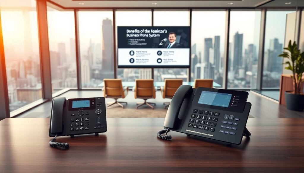 A professional and modern office interior with a large desk and a sophisticated business phone system in the foreground. The desk is made of sleek, dark wood, and the phone system features a high-resolution touchscreen display and advanced call management features. The middle ground showcases a row of comfortable office chairs and a large, wall-mounted monitor displaying a presentation on the benefits of a business phone system. The background features floor-to-ceiling windows offering a panoramic view of a bustling city skyline, bathed in warm, diffused lighting that creates a sense of productivity and success.