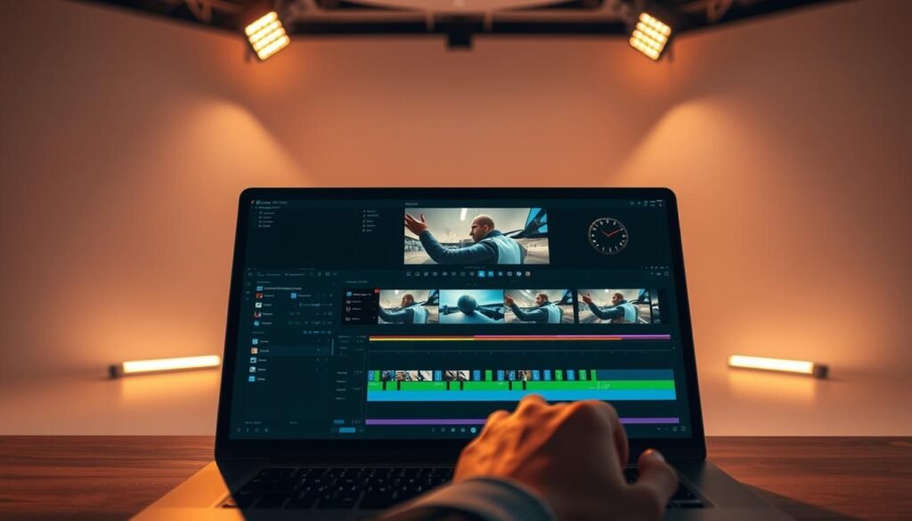A professional, cinematic video editing suite in a sleek, modern interface. In the foreground, a laptop screen showcases a sophisticated video editing timeline, with intuitive tools and controls. In the middle ground, a person's hands gracefully manipulate the interface, skillfully crafting a polished video. The background features a minimalist, well-lit studio space, with clean lines and subtle textures conveying a sense of high-end professionalism. Warm, directional lighting casts dramatic shadows, adding depth and cinematic flair. The overall atmosphere evokes a seamless, efficient video production experience, perfect for showcasing Renderforest's powerful yet user-friendly video creation capabilities. A professional, cinematic video editing suite in a sleek, modern interface. In the foreground, a laptop screen showcases a sophisticated video editing timeline, with intuitive tools and controls. In the middle ground, a person's hands gracefully manipulate the interface, skillfully crafting a polished video. The background features a minimalist, well-lit studio space, with clean lines and subtle textures conveying a sense of high-end professionalism. Warm, directional lighting casts dramatic shadows, adding depth and cinematic flair. The overall atmosphere evokes a seamless, efficient video production experience, perfect for showcasing Renderforest's powerful yet user-friendly video creation capabilities.