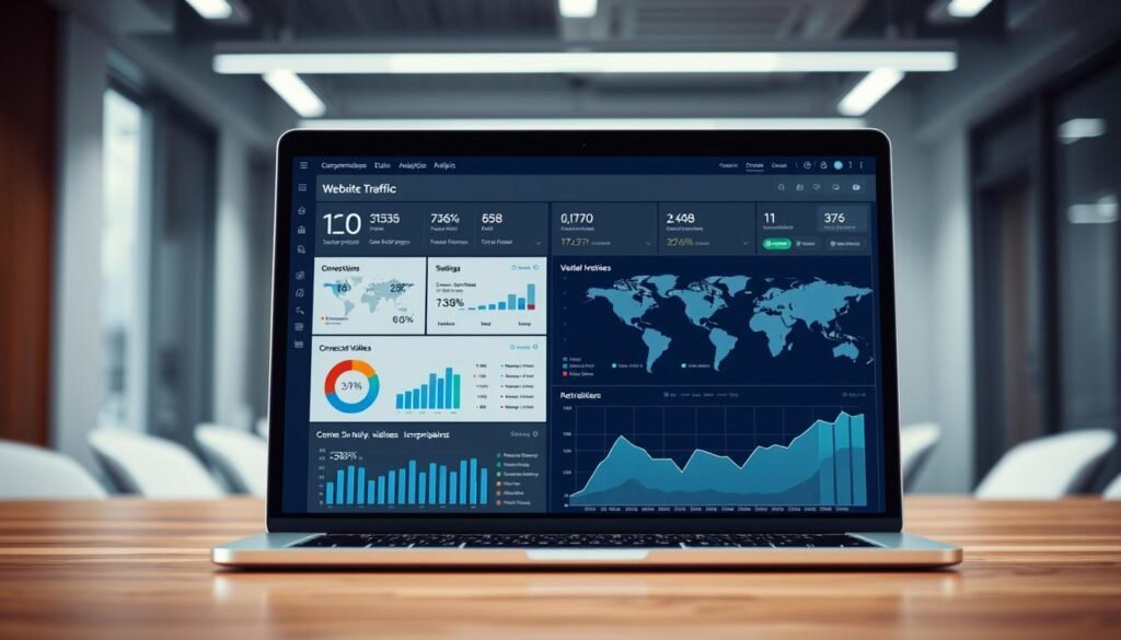 A professional data analysis dashboard showcasing website traffic data, with sleek infographics and interactive visualizations. The foreground features a laptop screen displaying comprehensive analytics, including user engagement metrics, conversion rates, and audience demographics. The middle ground depicts a stylized world map, highlighting global website visitors. The background sets a modern, minimalist office environment with clean lines, subtle lighting, and a sense of technological sophistication. The overall mood conveys data-driven insights, informed decision-making, and a keen understanding of website performance for successful online business ventures.