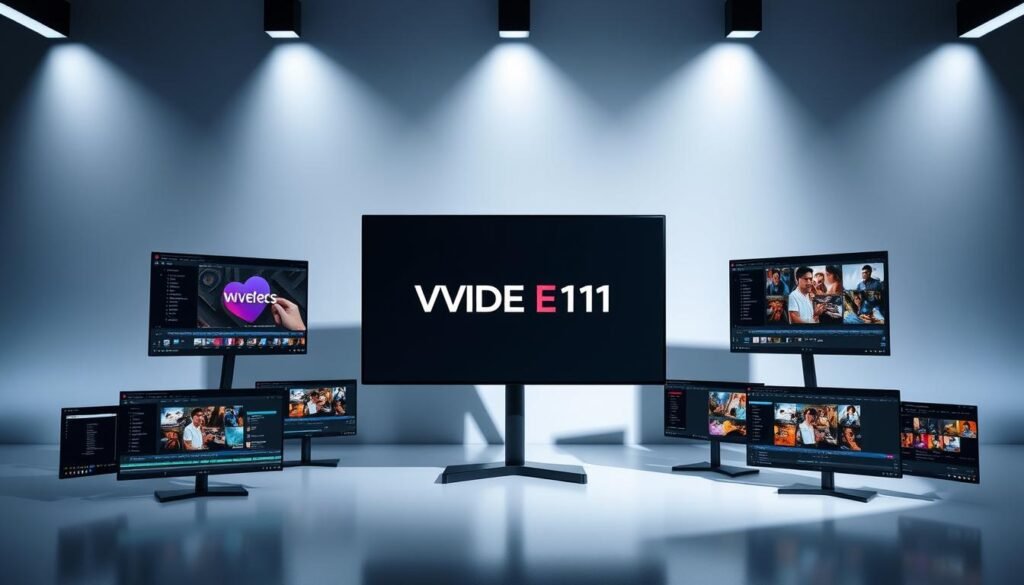 A professional, high-contrast comparison of popular video editing platforms, showcasing their distinct features and capabilities. A central display panel presents each platform's logo and name, surrounded by an array of smaller panels highlighting their unique tools, effects, and workflow. The background features a sleek, minimalist design with subtle gradients and geometric patterns, creating a clean, tech-savvy atmosphere. Dramatic, directional lighting casts sharp shadows, emphasizing the three-dimensional depth and drawing the viewer's attention to the key details. The overall composition is balanced, visually engaging, and designed to inform and inspire the reader's understanding of the video editing landscape. A professional, high-contrast comparison of popular video editing platforms, showcasing their distinct features and capabilities. A central display panel presents each platform's logo and name, surrounded by an array of smaller panels highlighting their unique tools, effects, and workflow. The background features a sleek, minimalist design with subtle gradients and geometric patterns, creating a clean, tech-savvy atmosphere. Dramatic, directional lighting casts sharp shadows, emphasizing the three-dimensional depth and drawing the viewer's attention to the key details. The overall composition is balanced, visually engaging, and designed to inform and inspire the reader's understanding of the video editing landscape.