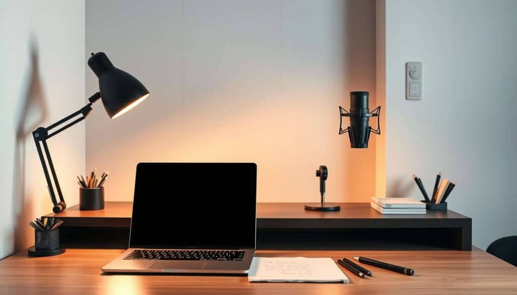 A professional, minimalist workspace with a sleek, modern desk, showcasing a state-of-the-art laptop, a high-quality microphone, and a thoughtfully arranged array of writing tools. The scene is bathed in warm, indirect lighting, creating a cozy and focused atmosphere. The background features clean, neutral-toned walls, with subtle textures that add depth and character. The overall composition conveys a sense of efficiency, creativity, and the seamless integration of technology and the written word.