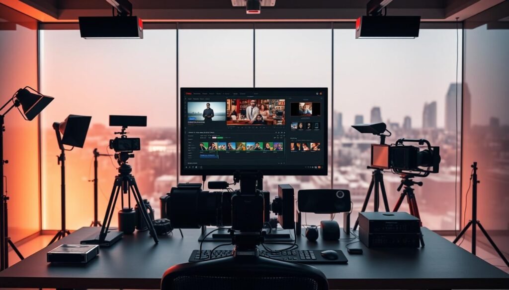 A professional, modern video editing workspace with a sleek, minimalist design. In the center, a large, high-resolution display showcases a video editing interface powered by Invideo. Surrounding the display, various video production tools and equipment, including a high-end camera, lighting setup, and audio interfaces, are neatly arranged. The workspace is bathed in warm, directional lighting that casts dramatic shadows, creating a sense of depth and professionalism. The background features a subtle, blurred cityscape, hinting at the urban, technology-driven environment. The overall atmosphere conveys a sense of efficiency, creativity, and the seamless integration of Invideo's powerful video editing capabilities. A professional, modern video editing workspace with a sleek, minimalist design. In the center, a large, high-resolution display showcases a video editing interface powered by Invideo. Surrounding the display, various video production tools and equipment, including a high-end camera, lighting setup, and audio interfaces, are neatly arranged. The workspace is bathed in warm, directional lighting that casts dramatic shadows, creating a sense of depth and professionalism. The background features a subtle, blurred cityscape, hinting at the urban, technology-driven environment. The overall atmosphere conveys a sense of efficiency, creativity, and the seamless integration of Invideo's powerful video editing capabilities.