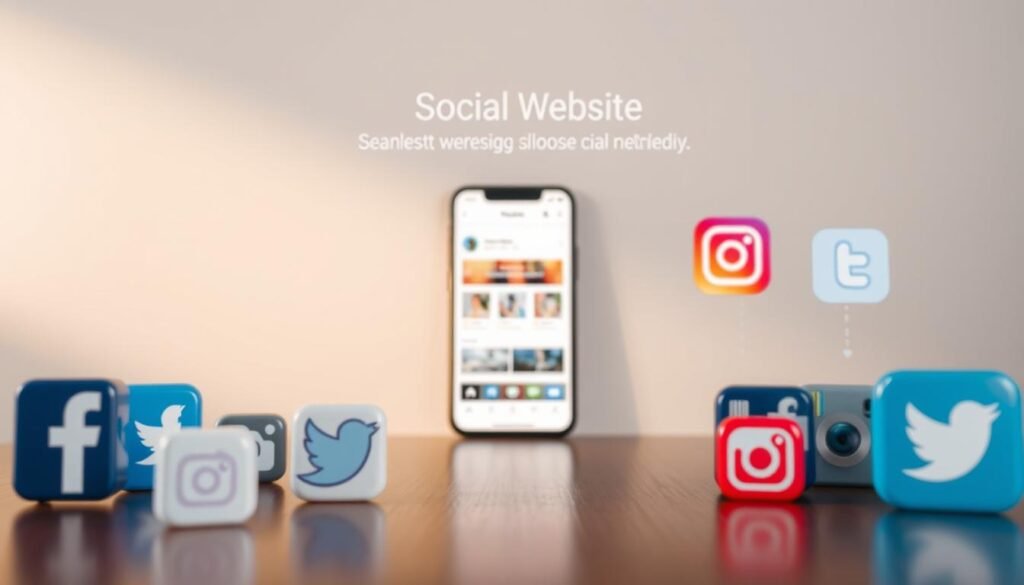 A professional, modern website seamlessly integrating with popular social media platforms. In the foreground, clean icons representing various social networks like Facebook, Twitter, and Instagram are elegantly arranged. The middle ground features a stylized smartphone display, showcasing how the website's content and functionality can be easily shared across social media. In the background, a subtle geometric pattern in muted tones creates a visually appealing and on-brand aesthetic. The lighting is soft and warm, conveying a sense of approachability and user-friendliness. The overall composition strikes a balance between technology, connectivity, and visual harmony, reflecting the ease of integrating a professional website with social media. A professional, modern website seamlessly integrating with popular social media platforms. In the foreground, clean icons representing various social networks like Facebook, Twitter, and Instagram are elegantly arranged. The middle ground features a stylized smartphone display, showcasing how the website's content and functionality can be easily shared across social media. In the background, a subtle geometric pattern in muted tones creates a visually appealing and on-brand aesthetic. The lighting is soft and warm, conveying a sense of approachability and user-friendliness. The overall composition strikes a balance between technology, connectivity, and visual harmony, reflecting the ease of integrating a professional website with social media.