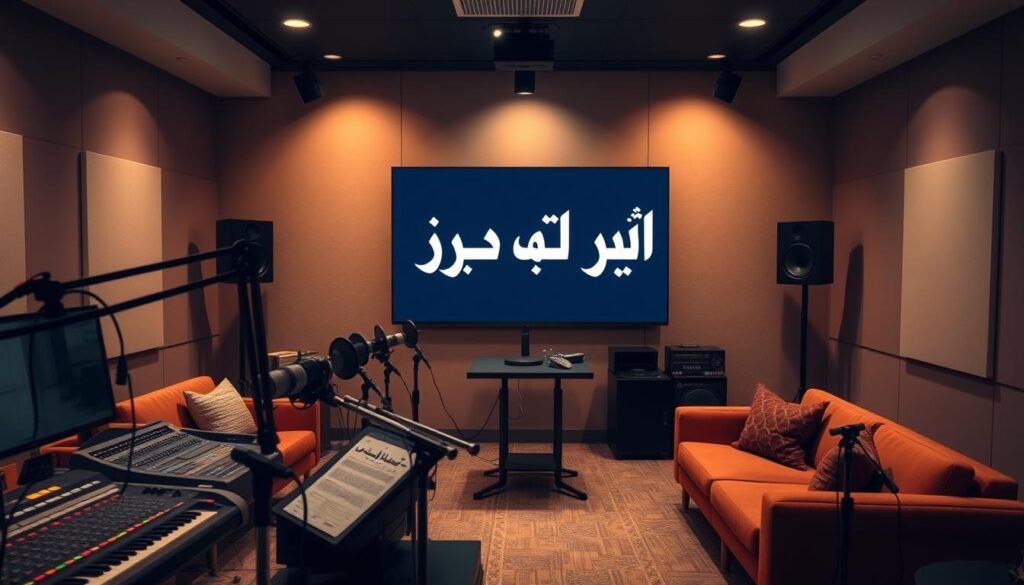 A professional podcast recording studio with a stylized Arabic text "تحويل النص إلى بودكاست" displayed prominently on a large monitor. The scene is bathed in warm, soft lighting, creating a cozy and inviting atmosphere. The foreground features high-end microphones, soundboards, and other audio equipment, while the middle ground showcases comfortable seating arrangements and a sleek, modern design. The background depicts a minimalist, yet elegant studio space with subtle textures and clean lines, suggesting a focus on technology and innovation. The overall composition conveys a sense of professionalism, creativity, and the seamless integration of Arabic typography into a digital media production setting.