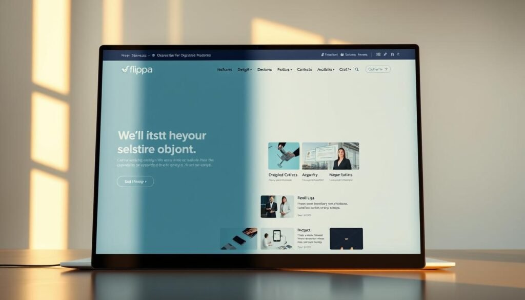 A professional website showcase for sale, captured with a wide-angle lens against a minimalist backdrop. The website interface is prominently displayed, with a clean, modern design and high-resolution screenshots showcasing its key features. Warm, natural lighting accentuates the sleek, responsive layout, giving the impression of a well-curated, high-value digital asset. The scene conveys a sense of professionalism, attention to detail, and the potential for a lucrative transaction, inspiring confidence in potential buyers browsing Flippa.