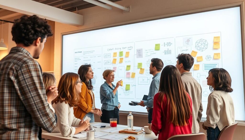 A seamless Miro canvas with a vibrant, collaborative atmosphere. The foreground features a group of diverse team members gathered around a large digital whiteboard, engaged in active discussion and brainstorming. The middle ground showcases Miro's intuitive interface, with various creative tools, sticky notes, and diagrams. The background has a softly-lit, airy ambiance, evoking a sense of open-ended exploration and problem-solving. The lighting is warm and natural, creating a welcoming, productive environment. The camera angle is slightly elevated, providing a comprehensive view of the collaborative workspace. The overall tone is one of efficiency, creativity, and shared purpose, reflecting the key features of Miro for seamless team collaboration. A seamless Miro canvas with a vibrant, collaborative atmosphere. The foreground features a group of diverse team members gathered around a large digital whiteboard, engaged in active discussion and brainstorming. The middle ground showcases Miro's intuitive interface, with various creative tools, sticky notes, and diagrams. The background has a softly-lit, airy ambiance, evoking a sense of open-ended exploration and problem-solving. The lighting is warm and natural, creating a welcoming, productive environment. The camera angle is slightly elevated, providing a comprehensive view of the collaborative workspace. The overall tone is one of efficiency, creativity, and shared purpose, reflecting the key features of Miro for seamless team collaboration.