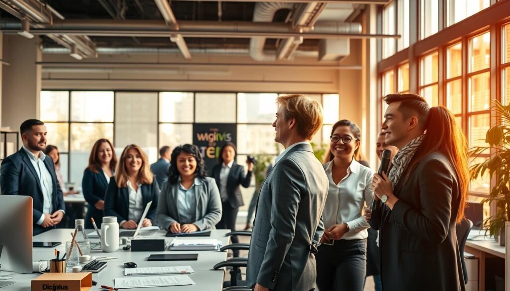 A serene and inspiring office scene showcasing the success stories of Diginius customers. In the foreground, a diverse group of professionals in business attire are engaged in a lively discussion, their faces alight with satisfaction and pride. The middle ground features neatly arranged desks, computers, and office supplies, conveying a sense of productivity and organization. In the background, large windows flood the space with warm, natural lighting, casting a soft glow and creating an atmosphere of tranquility and achievement. The overall composition suggests the empowering and transformative impact of the Diginius sales and marketing platform, helping businesses thrive and reach new heights.